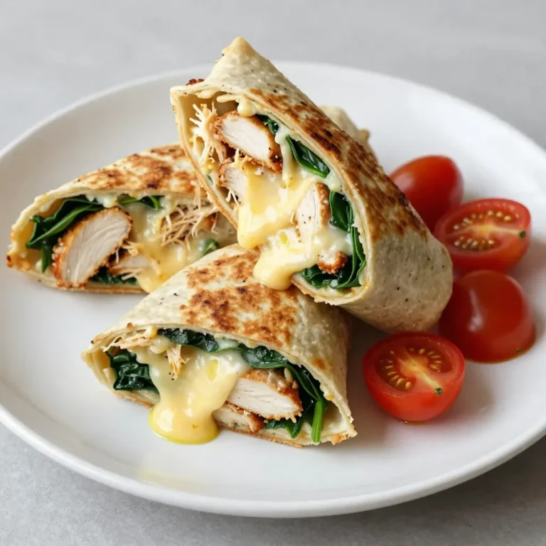 - 2 cups cooked chicken, shredded - 1 cup shredded mozzarella cheese - 1/2 cup cream cheese, at room temperature - 3 cloves garlic, minced - 1 teaspoon dried oregano - 1 teaspoon paprika - 4 large flour tortillas - 1 cup baby spinach, chopped - 1/2 cup cherry tomatoes, halved - Salt and pepper to taste - Olive oil for brushing To make Cheesy Garlic Chicken Wraps, you need some key ingredients. First, gather your cooked chicken. Shredded chicken gives the wrap a nice texture. Next, grab your mozzarella cheese. This cheese melts well and adds a creamy taste. Cream cheese also plays an important role. It helps bind all the flavors together. You will also need garlic. Fresh garlic adds a strong flavor that pairs well with chicken. Dried oregano and paprika bring warmth and depth. Don’t forget the tortillas! Large flour tortillas hold the filling well. For freshness, you have baby spinach and cherry tomatoes. Spinach adds a crunchy bite, while tomatoes offer sweetness. Season with salt and pepper to enhance the taste. Finally, olive oil is important for a golden, crispy outside. With these ingredients, you are ready to create a delicious meal that is both easy and enjoyable! {{ingredient_image_1}} To start, mix the cooked chicken with the cheeses in a bowl. You need 2 cups of shredded chicken, 1 cup of mozzarella, and 1/2 cup of cream cheese. Next, add the minced garlic, dried oregano, paprika, salt, and pepper. Stir until everything is well blended. This mix should be creamy but not too runny. Aim for a nice, spreadable texture. Lay a tortilla flat on your clean surface. Spoon 1/4 of the chicken mixture into the center. Top it with a handful of chopped spinach and some halved cherry tomatoes. Now, fold the sides of the tortilla inward. Roll it tightly from the bottom to the top. This helps keep the filling inside. Repeat for the other tortillas. Heat a skillet over medium heat. Brush the outside of each wrap with olive oil. Place the wraps seam-side down in the skillet. Cook them for about 3-4 minutes until they turn golden brown. Flip them gently and cook for another 3-4 minutes. Once done, take them out and let them cool for a minute. Slice each wrap in half diagonally. Enjoy your cheesy garlic chicken wraps! To make the best cheesy garlic chicken wraps, you want them crispy. Start by heating your skillet well. A hot pan helps get that golden brown crust. Brush the outside with olive oil for extra crunch. If the skillet is too cool, the wraps may get soggy. To avoid sogginess, don’t overfill your wraps. Keep the filling balanced. Use just enough chicken and veggies to fill the wrap without spilling out. Also, make sure your cream cheese is at room temperature. This helps it blend smoothly, keeping the mix thick and creamy. These wraps shine with the right dips. I love a rich marinara sauce. It adds a nice tang. Garlic dipping sauce is also great. It enhances the garlic flavor you already have. For presentation, slice each wrap in half. Arrange them on a platter. Sprinkle fresh basil or parsley on top. This makes the dish pop with color and freshness. Feel free to mix up the ingredients! Want a kick? Add jalapeños or spicy cheese. You can also switch the chicken for turkey or even tofu for a veggie option. Other add-ins can elevate your wraps. Try adding bell peppers or onions for crunch. You can even toss in some black beans for extra protein. The more creative you get, the more fun your wraps will be! Pro Tips Use Leftover Chicken: This recipe is perfect for using up leftover rotisserie or grilled chicken, making it a quick and easy meal option. Customize Your Fillings: Feel free to add other vegetables like bell peppers or mushrooms for extra flavor and nutrition. Don’t Overfill: Be mindful not to overstuff the wraps, as this can make them difficult to roll and could lead to spilling during cooking. Perfect Golden Brown: Make sure to preheat your skillet properly to achieve that perfect golden brown crust on the wraps. {{image_2}} You can switch up the cheese for fun flavors. Cheddar adds a sharp kick. Feta brings a creamy, tangy taste. Pepper jack provides a spicy twist. Each choice can change the wrap's flavor and texture. Don't hesitate to mix different cheeses for a unique blend. If you want to change the protein, you have options. Turkey works well if you want a leaner choice. Tofu is great for a plant-based option. For beef lovers, use ground beef or shredded beef. These swaps keep the wraps tasty while fitting your diet. Looking for healthier choices? Try low-carb tortillas to cut carbs. You can also add more veggies. Bell peppers, zucchini, or mushrooms work well. They add color and nutrients. These small changes make the wraps even better for you while keeping them full of flavor. To keep your cheesy garlic chicken wraps fresh, store them in an airtight container. Place parchment paper between layers to avoid sticking. They stay good in the fridge for up to three days. After this, they may lose their taste and texture. You can freeze these wraps for longer storage. Wrap each one tightly in plastic wrap and place them in a freezer bag. They can last up to three months in the freezer. When you're ready to eat, take a wrap out and thaw it in the fridge overnight. To reheat, warm it in a skillet over medium heat until heated through. Look for signs of spoilage, like an off smell or mold. If either is present, discard the wrap. When reheating, use medium heat and cover the skillet. This method keeps the wrap crispy while warming the inside. Enjoy your cheesy garlic chicken wraps at their best! To make these wraps gluten-free, use gluten-free tortillas. Many stores sell them now. Check the label to ensure they are safe for your diet. You can also use lettuce leaves as a wrap. This offers a low-carb option and adds a fresh crunch. Yes, you can prepare these wraps ahead of time. Make the filling and store it in the fridge for up to two days. You can also assemble the wraps in advance. Just wrap them in plastic and keep them in the fridge. Cook them when ready to serve. If you need to store them longer, freeze the assembled wraps. They can last up to three months in the freezer. Thaw them in the fridge before cooking. These wraps pair well with many sides. Here are some tasty options: - A fresh garden salad with vinaigrette - Crispy sweet potato fries for a hearty touch - A bowl of creamy tomato soup for dipping - Garlic bread to complement the flavors - Steamed veggies for a healthy choice Feel free to mix and match based on your taste! This blog post covered how to make Cheesy Garlic Chicken Wraps from start to finish. You learned about the key ingredients, step-by-step instructions, and tips for perfecting your wraps. I shared ways to customize them and how to store leftovers effectively. In my view, these wraps are easy to make and delicious. Experiment with different flavors and find what you love most! Enjoy your cooking journey and happy eating!