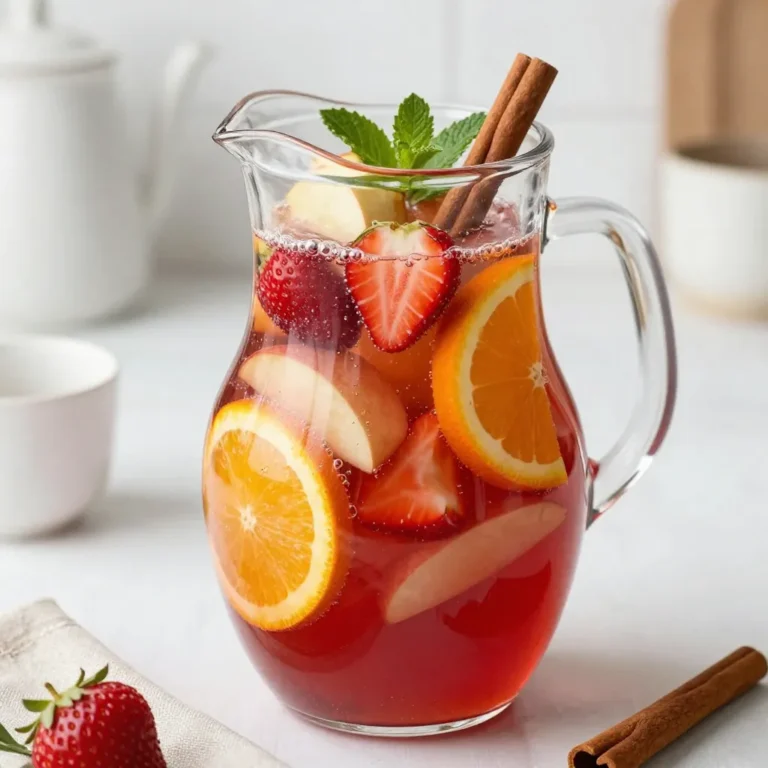 To create a tasty Non Alcoholic Christmas Sangria, you need fresh and simple ingredients. Here’s what you’ll need: - 2 cups cranberry juice - 1 cup orange juice - 1 cup sparkling water or soda - 1 cup sliced strawberries - 1 cup diced apples - 1 cup sliced oranges - 1 cinnamon stick - Optional sweeteners: 1 tablespoon honey or maple syrup - Fresh mint leaves for garnish These ingredients come together to make a drink that is both festive and refreshing. Cranberry juice gives a rich, tart flavor. Orange juice adds sweetness and bright color. The sparkling water or soda brings bubbles, making it fun to drink. Using fresh fruits like strawberries, apples, and oranges adds natural sweetness and texture. The cinnamon stick gives a warm spice that fits the season perfectly. If you like a sweeter drink, honey or maple syrup can enhance the flavors. Just remember, you can adjust the sweetness to your taste. Fresh mint leaves on top not only look beautiful but also add a hint of cool flavor. With these ingredients, you are ready to make a delicious drink that everyone will love this Christmas! {{ingredient_image_1}} First, grab a large pitcher. Pour in 2 cups of cranberry juice and 1 cup of orange juice. Stir them well until mixed. Next, add 1 cup of sliced strawberries, 1 cup of diced apples, and 1 cup of sliced oranges to the pitcher. These fruits give the sangria a refreshing taste. Finally, drop in 1 cinnamon stick. This adds a warm, cozy flavor that fits the season perfectly. To make it sweeter, you can add sweeteners like honey or maple syrup. Start with 1 tablespoon, then taste it. If you want more sweetness, add a bit more. After mixing in the sweetener, chill the sangria in the fridge. Let it sit for at least 2 hours. Chilling helps all the flavors blend together. When you are ready to serve, it’s time for the bubbles! Pour in 1 cup of sparkling water or soda. Gently stir it in to keep the fizz. Now, fill your glasses with ice. Pour the sangria over the ice. For a festive look, garnish with fresh mint leaves. This adds a nice pop of color and flavor. Enjoy your non-alcoholic Christmas sangria! Chilling the sangria is key. It helps all the flavors mix well. I suggest letting it chill for at least two hours. This time allows the juices and fruits to blend. You will taste a richer flavor this way. Choosing fresh fruit makes a big difference, too. I love using ripe strawberries, crisp apples, and juicy oranges. They add color and sweetness. Look for fruits that are in season. They often taste better and cost less. Use fun glassware for a festive touch. Clear glasses show off the beautiful colors of the sangria. You can also use mason jars for a rustic feel. Adding ice to the glass makes it even more appealing. Garnishing your sangria adds flair. Fresh mint leaves give a bright look. You can also add a slice of orange or a strawberry on the rim. These small touches make your drink pop. You can make this sangria in advance. Mix the juices and fruits the day before. Just remember to add the sparkling water just before serving. This keeps it fizzy and fresh. If you have leftovers, store them in the fridge. Use an airtight container to keep it fresh. This way, you can enjoy it for a few days. Just be aware that the fruits may become mushy over time. Pro Tips Chill the Fruits: For a refreshing taste, chill the sliced fruits in the refrigerator before adding them to the sangria. This keeps the drink cool without diluting it. Use Seasonal Fruits: Feel free to experiment with seasonal fruits like pears or cranberries for added flavor and a festive touch. Mix It Up: Try adding a splash of your favorite liqueur, such as triple sec or brandy, for an adult twist on the classic recipe. Garnish Generously: Don't skimp on the fresh mint leaves! They not only look beautiful but also enhance the flavor profile of your sangria. {{image_2}} You can swap out fruits for a fresh twist. Try using pears, pomegranates, or even grapes. These fruits add different flavors and colors. A berry-infused version is also great. Use blueberries, raspberries, or blackberries for a bright touch. These berries not only taste good but also look festive in your drink. Add spices for more flavor. You can use cloves, star anise, or nutmeg to enhance the taste. Each spice brings its own warmth, perfect for winter. You can also play with citrus flavors. Mix in lemon or lime juice along with the sparkling water. This adds a zesty kick to your sangria. Try flavored fizzy drinks too. Ginger ale or lemon-lime soda can add a fun twist. Think about color when you serve your sangria. Use green apples for a fresh look or blood oranges for a bold color. You can also create a layered drink. Pour different juices slowly to create a rainbow effect. For substitutes, consider serving a non-alcoholic mulled wine or spiced cider. These drinks keep the festive spirit alive without alcohol. To store leftover Non Alcoholic Christmas Sangria, pour it into a clean, airtight container. This helps keep the flavors fresh. Make sure to seal it tightly. The best place to store it is in the fridge. The ideal temperature for storing is between 32°F and 40°F. This keeps the sangria cold and tasty for a few days. You can freeze sangria if you want it to last longer. Pour it into ice cube trays for easy use later. Once frozen, transfer the cubes to a freezer bag. This way, you can add a fruity touch to other drinks or smoothies. Always check for signs of spoilage before drinking. If you see any strange smells, colors, or tastes, it's best to toss it out. Fresh fruits in the sangria might spoil faster, so use it within a week for the best quality. Yes, you can make it a day early. Just prepare the base with juices and fruits. Store it in the fridge. This helps the flavors mix well. Add the sparkling water right before serving. This keeps it fizzy and fresh. You can use sparkling water instead of soda. It keeps the drink light and bubbly. You might also try flavored sparkling water. This adds a nice twist without added sugar. To serve more people, double or triple the recipe. Use a larger pitcher to mix. Keep the same ratio of juices and fruits. Remember to add the sparkling water last. This keeps it bubbly and fun. Yes, you can. Skip the honey or maple syrup. The natural sweetness from fruits works well. Choose 100% juice with no added sugars for the best taste. This blog post guides you through making a delicious Non-Alcoholic Christmas Sangria. We covered ingredients, step-by-step instructions, tips for flavor and presentation, variations, and storage info. With fresh fruits and sweet flavors, this drink is perfect for any holiday gathering. Remember, you can customize it to your taste and needs. Enjoy making this fun beverage, and impress your friends and family with your skills. Now, gather your ingredients and start mixing!