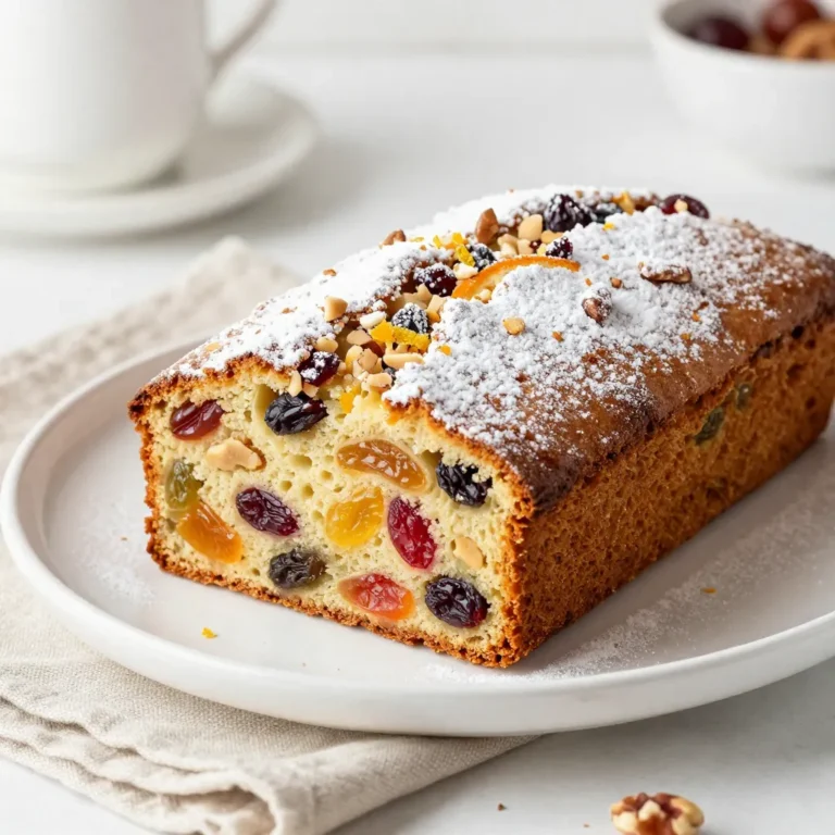 To make the Old-Fashioned German Fruitcake, gather these ingredients: - 2 cups mixed dried fruits (raisins, currants, apricots, cherries) - 1 cup candied citrus peel, chopped - 1 cup unsalted butter, softened - 1 cup brown sugar - 4 large eggs - 3 cups all-purpose flour - 1 teaspoon baking powder - 1 teaspoon ground cinnamon - 1/2 teaspoon ground nutmeg - 1/4 teaspoon ground cloves - 1/4 teaspoon salt - 1 cup chopped nuts (walnuts or pecans) - 1/2 cup orange juice - Zest of 1 orange - Zest of 1 lemon This fruitcake serves about 10 people. Each slice has roughly: - Calories: 300 - Protein: 4g - Fat: 15g - Carbohydrates: 40g - Fiber: 2g - Sugar: 15g This cake is rich in energy, thanks to the dried fruits and nuts. It is perfect for a festive treat. You can add your twist to the cake! Consider these options: - 1/2 cup shredded coconut for extra flavor - 1 teaspoon vanilla extract for a sweet note - 1/2 cup chocolate chips for a fun twist - Different dried fruits like figs or dates for new flavors Feel free to mix and match these ingredients to suit your taste. This way, each cake can be unique! {{ingredient_image_1}} First, gather all your ingredients. You will need: - 2 cups mixed dried fruits (like raisins and cherries) - 1 cup chopped candied citrus peel - 1 cup unsalted butter, softened - 1 cup brown sugar - 4 large eggs - 3 cups all-purpose flour - 1 teaspoon baking powder - 1 teaspoon ground cinnamon - 1/2 teaspoon ground nutmeg - 1/4 teaspoon ground cloves - 1/4 teaspoon salt - 1 cup chopped nuts (walnuts or pecans) - 1/2 cup orange juice - Zest of 1 orange - Zest of 1 lemon Preheat your oven to 325&deg;F (160&deg;C). Grease and flour a 10-inch bundt pan or a loaf pan. Soak the mixed dried fruits and chopped candied peel in orange juice. This rehydrates the fruits and brings out their flavor. Let them soak for at least 1 hour. In a large bowl, cream the softened butter and brown sugar. Mix until it is light and fluffy. Add the eggs, one at a time. Beat well after each one. In another bowl, whisk together the flour, baking powder, spices, and salt. Slowly fold this dry mixture into the butter mixture. Mix until just combined. Now, stir in the soaked fruits, nuts, orange zest, and lemon zest. Make sure everything is evenly mixed. Pour the batter into your prepared pan. Smooth the top with a spatula. Bake in your preheated oven for 60 to 75 minutes. Check with a toothpick. It should come out clean from the center. After baking, let the fruitcake cool in the pan for 15 minutes. Then, invert it onto a wire rack. Let it cool completely before serving. For a lovely finish, dust the top with powdered sugar. You can also drizzle a simple glaze made from powdered sugar and water. Serve with citrus slices or a dollop of whipped cream for an extra treat. To get the best flavor, soak your dried fruits. Use orange juice for this step. Soak them for at least one hour. This helps the fruits plump up and taste sweeter. You can also add a splash of rum for extra flavor. Make sure to stir the fruits in the juice. This ensures that every piece gets soaked well. When baking, preheat your oven to 325&deg;F. Grease and flour your baking pan to avoid sticking. This cake is best when cooled completely on a wire rack. Once it is cool, store it in an airtight container. This will keep it fresh for weeks. For longer storage, wrap it tightly in plastic wrap. You can also freeze it. Just make sure to thaw it in the fridge before serving. One common mistake is not soaking the fruits long enough. This can lead to a dry cake. Another mistake is overmixing the batter. Mix just until combined to keep your cake light. Also, don&rsquo;t skip the spices. They add depth and warmth to the cake. Finally, always check for doneness with a toothpick. If it comes out clean, your cake is ready! Pro Tips Soak the Fruits: For enhanced flavor, soak the dried fruits and candied peel overnight in orange juice or your favorite liquor. Fresh Ingredients: Use fresh spices and high-quality dried fruits for the best taste. Freshly grated nutmeg and cinnamon can elevate your fruitcake significantly. Storage Tips: Wrap the cooled fruitcake tightly in plastic wrap and store it in an airtight container. It improves in flavor over time and can be kept for several weeks. Temperature Check: Ensure your oven is properly calibrated; an oven thermometer can help ensure even baking and prevent overbaking. {{image_2}} You can change the fruit and nuts in this recipe. Try using dried figs, dates, or cranberries. For nuts, almonds or hazelnuts work well. These swaps add new flavors and textures. Just keep the total amount of dried fruit and nuts the same. This keeps the cake balanced and delicious. If you need a gluten-free cake, use gluten-free flour. Many brands make blends that substitute well for all-purpose flour. This will make your cake safe for those who avoid gluten. Make sure to check that your other ingredients, like baking powder, are also gluten-free. You can make this cake special for holidays. In winter, add spices like allspice or ginger for warmth. In spring, mix in fresh lemon zest or even some berries. During the fall, apples or pumpkin spice can bring a cozy vibe. These seasonal touches keep the fruitcake exciting and fun. German fruitcake has roots that go back many centuries. The first fruitcakes appeared in ancient Rome. They used grains, honey, and dried fruits. Over time, these cakes evolved. In Germany, bakers added spices and nuts. This made the cake richer and more flavorful. The fruitcake became popular during the holiday season. It was a way to celebrate and share with family and friends. You will often see German fruitcake during special times. It is a must-have for Christmas in many homes. Families bake it to enjoy together. People also give it as gifts. Weddings and birthdays are other occasions for this cake. The fruitcake brings joy and warmth to any gathering. Every family has its own way of making fruitcake. In my family, we have a special recipe passed down for generations. We gather in the kitchen and soak the fruits together. The smell of spices fills the air as we mix the batter. I remember my grandmother sharing stories about her childhood. She taught me that baking is about love and connection. Each slice of cake holds a sweet memory for us. This cake is more than just food; it is a bond that ties us together. Yes, you can make this cake ahead of time. In fact, it tastes even better after a few days. Make it up to a week before you plan to serve it. Just let it cool completely. Wrap it tightly in plastic wrap. Then store it in a cool place or the fridge. To store leftover fruitcake, wrap it well in plastic wrap. You can also use aluminum foil for extra protection. Keep it in an airtight container. Place it in a cool, dark spot. It will stay fresh for a couple of weeks. If you want to keep it longer, consider freezing it. Yes, this fruitcake freezes well. After it has cooled, wrap it tightly. Use plastic wrap first, then aluminum foil. This will help keep out air. It can last for up to six months in the freezer. When you are ready to eat it, thaw it in the fridge overnight. This blog post covered everything needed for making Old-Fashioned German Fruitcake. We discussed the key ingredients and their nutrition. You learned step-by-step instructions for preparation and baking. I shared tips to avoid common mistakes. We also explored fun variations and the cake's rich history. As you bake, remember to enjoy the process. Each cake tells a story and brings joy. Share your creations with loved ones, and keep traditions alive. Happy baking!