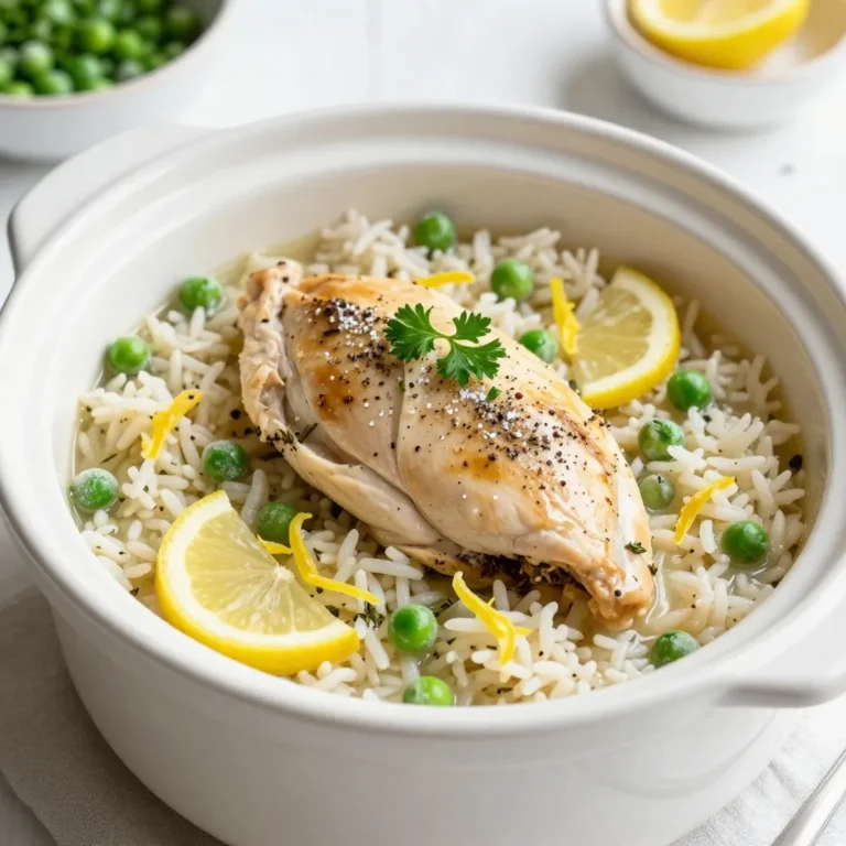 To make Slow Cooker Lemon Herb Chicken and Rice, gather these main items: - 4 boneless, skinless chicken breasts - 1 cup long-grain white rice - 3 cups low-sodium chicken broth This base creates a hearty meal. The chicken gives protein, while the rice adds bulk. The chicken broth keeps everything moist and full of flavor. Next, we need some herbs to bring life to our dish. Use these: - 1 lemon (zested and juiced) - 2 tablespoons olive oil - 4 cloves garlic, minced - 1 teaspoon dried thyme - 1 teaspoon dried rosemary - 1 teaspoon dried oregano - Salt and pepper to taste These ingredients build a bright and fragrant profile. The lemon zest and juice add a fresh pop. The garlic and herbs mix well for depth. To make your meal shine, consider these garnishes: - 1 cup frozen peas - Fresh parsley for garnish Adding peas at the end gives color and sweetness. A sprinkle of parsley makes the dish look inviting. You can also add extra lemon zest for more zing. {{ingredient_image_1}} First, take your chicken breasts. Season them with salt and pepper. Add half of the lemon zest for flavor. This step makes the chicken tasty and bright. Next, heat olive oil in a skillet over medium heat. Add the minced garlic and sauté for 1-2 minutes. You want it fragrant but not burned. This step adds a deep flavor to the dish. In the slow cooker, lay the seasoned chicken breasts in a single layer. Pour the sautéed garlic over the chicken. In a bowl, mix the rice, chicken broth, lemon juice, thyme, rosemary, oregano, and the rest of the lemon zest. Stir well to combine. This mix is key for great taste. Pour the rice mixture over the chicken. Make sure the rice is evenly spread. Cover the slow cooker and set it to low for 6-7 hours or high for 3-4 hours. About 15 minutes before serving, add the frozen peas. Stir gently to mix them in. When the cooking time is up, check that the chicken reaches 165°F. Fluff the rice with a fork and mix everything gently. This ensures each bite is filled with flavor. To make the chicken taste great, start with good seasoning. Use salt and pepper freely. Don't forget to rub in half of that lemon zest. This adds a bright flavor that wakes up the dish. For extra depth, sear the chicken briefly in a hot skillet. This step adds a nice color and rich taste. While it’s not needed, it makes a difference. Rice can be tricky, but not here! Use long-grain white rice for the best results. Make sure to mix it with the chicken broth, lemon juice, and herbs before cooking. This keeps the rice from getting mushy. Stir it gently so the rice stays fluffy. When it's done, fluff it with a fork. This helps separate the grains and adds air. Leftovers can be a lifesaver! Cool the chicken and rice to room temperature first. Then, store them in airtight containers. This keeps the flavors fresh. You can keep them in the fridge for up to three days. If you want to save them longer, freeze the portions. Just make sure to label your containers with the date. Reheat the chicken and rice gently to avoid drying them out. Enjoy your meal again! Pro Tips Use Fresh Herbs: Fresh herbs can elevate the flavor of your dish. If possible, use fresh thyme, rosemary, and oregano instead of dried for a more vibrant taste. Rice Consistency: Ensure that the rice is evenly distributed in the slow cooker to promote even cooking and absorption of flavors. Check Chicken Temperature: Always check the internal temperature of the chicken to confirm it has reached 165°F for safe consumption. Customize with Veggies: Feel free to add other vegetables like carrots or bell peppers for extra nutrition and flavor. Just adjust the cooking time accordingly. {{image_2}} You can add veggies to make this dish even better. Carrots, bell peppers, and green beans work great. Chop them into bite-sized pieces. Add them to the slow cooker with the chicken and rice. This gives you more vitamins and adds color to your meal. You can mix in about two cups of veggies for a hearty twist. If you want a change from chicken, try turkey or tofu. Turkey gives a similar taste and texture. Use the same amount as chicken. For tofu, use firm or extra-firm types. Cut it into cubes and add it at the same time as the chicken. This keeps it from getting mushy and still soaks up those great flavors. Want to boost the taste? Add spices like paprika or cumin. These spices add warmth and depth. A splash of soy sauce or a spoonful of Dijon mustard can also enhance the flavor. Try mixing in a pinch of red pepper flakes for heat. Just a little can make a big difference in your dish. After your meal, let the slow cooker cool down. Transfer any leftovers into a clean, airtight container. Be sure to store the chicken and rice together for the best flavor. Place the container in your fridge. Use the leftovers within three to four days. To freeze your chicken and rice, wait until it cools completely. Then, portion the food into freezer bags. Try to remove as much air as possible before sealing. Label each bag with the date. You can freeze it for up to three months. When you're ready to eat, just thaw it in the fridge overnight. To reheat your leftovers, use the microwave or stovetop. If using the microwave, place the food in a microwave-safe bowl and cover it. Heat for two to three minutes, stirring halfway. If you opt for the stovetop, add a splash of broth or water to a pan and heat over medium-low. Stir gently until warm. Enjoy your delicious meal again! Yes, you can use brown rice. Keep in mind that brown rice takes longer to cook. Adjust the cooking time to about 8 hours on low heat or 4-5 hours on high heat. Brown rice adds a nutty flavor and extra nutrients. You can store leftovers in the fridge for up to 3-4 days. Make sure to place them in an airtight container. For longer storage, freeze the chicken and rice for up to 3 months. Yes, you can cook this recipe on high heat. It will take about 3-4 hours. The chicken will still be juicy and flavorful. Just be careful not to overcook it. Always check that the chicken reaches 165°F before serving. In this blog post, we explored each step to create a delicious chicken and rice dish. I shared key ingredients, cooking techniques, and tips for the best results. Remember to add your favorite veggies for extra nutrition and enhance the flavor with spices. Proper storage keeps your leftovers fresh and tasty. You can enjoy this recipe in many ways, making it a versatile choice for any meal. Try it out and adjust it to your taste for a perfect fit. Happy cooking!