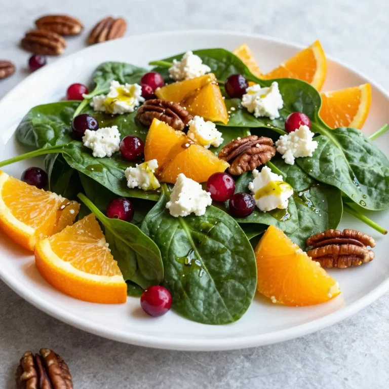 To make a tasty cranberry spinach salad, you need several fresh items: - 4 cups fresh baby spinach, washed and dried - 1 cup fresh cranberries (or dried cranberries if out of season) - 1 large orange, segmented - 1/2 cup goat cheese, crumbled - 1/3 cup pecans or walnuts, toasted - 1/4 red onion, thinly sliced - 1 avocado, diced - 2 tablespoons olive oil - 1 tablespoon balsamic vinegar - 1 teaspoon honey - Salt and pepper to taste These fresh ingredients create a bright and colorful salad that bursts with flavor. You can easily customize your salad with these optional ingredients: - Replace goat cheese with feta for a saltier taste. - Use mixed nuts instead of just pecans or walnuts. - Add a handful of dried fruit, like raisins or apricots, for more sweetness. - Incorporate herbs like basil or mint for a fresh twist. These options let you make the salad your own while keeping it delicious. This salad is not just tasty; it also packs a nutritional punch: - Spinach: Rich in iron and vitamins A and K, it supports your bones and blood. - Cranberries: High in antioxidants, they help keep your heart healthy. - Oranges: They provide vitamin C, which boosts your immune system. - Nuts: Packed with healthy fats, they give you energy and support brain health. - Avocado: Loaded with vitamins and fiber, it promotes heart health and helps digestion. Each ingredient in this salad contributes to your overall health, making it both a treat and a smart choice. {{ingredient_image_1}} Start by gathering your ingredients. You need fresh baby spinach, cranberries, an orange, and more. I like to wash and dry the spinach first. This keeps it crisp. Next, slice the red onion thinly. If you use fresh cranberries, blend them briefly. This helps them mix well. If they are dried, just add them whole. In a large salad bowl, combine the spinach and red onion. Mix in the cranberries, orange segments, diced avocado, goat cheese, and toasted nuts. Each bite should bring a burst of flavor. For the dressing, whisk together olive oil, balsamic vinegar, honey, salt, and pepper in a small bowl. Drizzle this over the salad. Toss gently to coat everything. Be careful not to mash the avocado or cheese. Serve your salad right away for the best taste. You can also chill it for up to 30 minutes. This lets the flavors blend nicely. For a beautiful presentation, place the salad on a platter. Add extra orange segments and a sprinkle of nuts on top. This makes the dish look inviting and fresh. To make your salad shine, use fresh baby spinach. Wash and dry it well. Fresh ingredients bring bright flavors. When adding cranberries, chop fresh ones lightly in a food processor. If you use dried cranberries, toss them in whole. This keeps the salad juicy and vibrant. For a nice crunch, toast your pecans or walnuts in a pan. This adds a warm, nutty flavor. When mixing, be gentle with the avocado and goat cheese to keep their shapes. For the dressing, whisk olive oil, balsamic vinegar, honey, salt, and pepper in a small bowl. Drizzle it over the salad just before serving for the best flavor. One common mistake is using wilted spinach. Always choose fresh, crisp leaves. Don’t skip the toasting step for nuts; raw nuts can lack flavor. Be careful not to overdress your salad. Too much dressing can make it soggy. Also, avoid cutting the avocado too early. It can brown quickly. Lastly, serve the salad soon after mixing. This ensures you enjoy the fresh taste and texture. This salad pairs well with grilled chicken or fish for a full meal. You can also enjoy it with a warm soup for a cozy lunch. For a nice touch, serve it with crusty bread. If you want a vegetarian option, add chickpeas or quinoa. This boosts protein and makes it heartier. Pairing with a light white wine enhances the fresh flavors. Enjoy experimenting with these pairings to find your favorite! Pro Tips Freshness is Key: Always use the freshest spinach and cranberries available for the best flavor and texture. Customize Your Nuts: Feel free to substitute pecans with walnuts or even almonds based on your preference for a different crunch. Add More Color: Incorporate other colorful veggies like bell peppers or radishes to enhance the visual appeal of your salad. Make Ahead: Prepare the dressing in advance and store it separately to keep the salad fresh until serving time. {{image_2}} You can change the salad with the seasons. In winter, use pomegranate seeds instead of cranberries. They add a nice crunch and tartness. In fall, try slices of apple or pear for a sweet twist. You can also use kale instead of spinach for a heartier salad. If you want more protein, try adding grilled chicken or shrimp. They pair well with the salad's flavors. For a vegetarian option, use chickpeas or black beans. They add protein and fiber. If you love seafood, add some canned tuna or salmon for a tasty addition. To make this salad vegan, skip the goat cheese. Use avocado for creaminess instead. You can also add nuts like almonds or sunflower seeds for a protein boost. This recipe is gluten-free as is, so you can enjoy it without worry. Always check labels if you use packaged items. To keep your salad fresh, place leftovers in an airtight container. If you have the dressing separate, store it in a small jar or bowl. This keeps the salad crisp and tasty. Use the leftover salad within two days for the best flavor. When prepping this salad, wash and dry the spinach first. Store it in a clean, dry container with a paper towel to absorb moisture. This helps the spinach stay fresh longer. Cut and store other ingredients separately. Keep nuts in a sealed bag to avoid sogginess. Prepare the dressing in advance, too, and store it in the fridge. For the best taste, serve the salad cold. Keep it in the fridge until you're ready to eat. If you plan to serve it later, avoid letting it sit out for too long. The ideal temperature for serving is around 40°F to 60°F. This helps all the flavors pop and keeps the greens vibrant. To make the dressing, you need three main ingredients: olive oil, balsamic vinegar, and honey. Start by measuring two tablespoons of olive oil. Then add one tablespoon of balsamic vinegar. Mix in one teaspoon of honey. Add salt and pepper to taste. Whisk these ingredients together in a small bowl until smooth. Drizzle this dressing over your salad right before serving. It adds a sweet and tangy flavor that balances the salad's ingredients perfectly. Yes, you can use dried cranberries if fresh ones are not available. Dried cranberries offer a sweeter taste and chewy texture. They work well in the salad and still provide that fruity flavor. Just add one cup of dried cranberries directly to the salad. You won’t need to chop them, as they are ready to use. This swap makes the recipe easy and convenient year-round. Cranberry Spinach Salad is very healthy! It is packed with vitamins and nutrients. Spinach is rich in iron, while cranberries provide antioxidants. Goat cheese adds protein and flavor, while nuts give healthy fats. The salad is low in calories and high in fiber. This makes it a great choice for a light meal or side dish. Enjoying this salad can help you stay on track with your health goals. This blog post covered everything you need for a delicious Cranberry Spinach Salad. We explored fresh and optional ingredients, highlighting the benefits they bring. The step-by-step instructions made the prep easy. Tips helped you avoid common mistakes and perfect your salad’s taste. We discussed variations and storage tips for future meals. In the end, enjoy making this salad your own. It's healthy, tasty, and great for any meal!