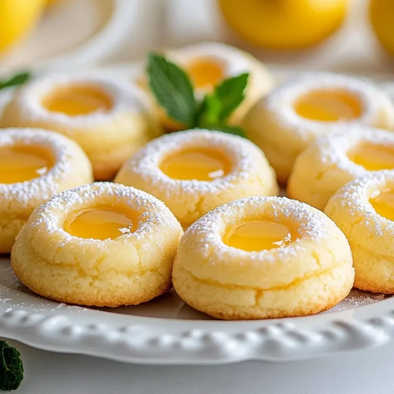 To make these delightful cookies, you need a few key ingredients: - 1 cup unsalted butter, softened - ½ cup granulated sugar - 1 teaspoon vanilla extract - 2 cups all-purpose flour - ¼ teaspoon salt - ½ cup lemon curd (store-bought or homemade) - Zest of 1 lemon - 1 large egg yolk - ¼ cup powdered sugar (for dusting) These ingredients come together to create a rich, buttery cookie with a bright, tangy lemon filling. If you need to make changes, here are some options: - Use salted butter instead of unsalted. Just skip the added salt. - Swap granulated sugar for coconut sugar for a different flavor. - You can replace lemon curd with lime curd for a twist. - For a gluten-free option, use a gluten-free flour blend. - If you need a vegan version, try a plant-based butter and a flax egg. These substitutes let you adjust the recipe to fit your needs. To make the cookies, you will need some basic tools: - Mixing bowls - Hand mixer or stand mixer - Measuring cups and spoons - Rubber spatula - Baking sheet - Parchment paper - Wire rack for cooling Having these tools ready makes the baking process smooth and fun. {{ingredient_image_1}} Start by preheating your oven to 350°F (175°C). Line a baking sheet with parchment paper. This helps the cookies not stick and makes cleanup easy. In a mixing bowl, add 1 cup of softened butter and ½ cup of granulated sugar. Use a mixer to blend them together. Mix for about 3-4 minutes until the mixture looks light and fluffy. This step makes your cookies soft and tasty. In a separate bowl, whisk together 2 cups of all-purpose flour and ¼ teaspoon of salt. Gradually add this dry mix to the butter and sugar mixture. Mix until just combined. Then, fold in the zest of 1 lemon. The zest adds a bright flavor that pairs well with the lemon curd. Scoop out a tablespoon of dough and roll it into a ball. Place each ball on the baking sheet, leaving about 2 inches between them. Press your thumb or the back of a round measuring spoon into the center of each ball to make a small dent. Spoon ½ teaspoon of lemon curd into each indentation. Be careful not to overfill. Bake the cookies in the preheated oven for 12-15 minutes. Look for lightly golden edges. After baking, let them cool on the sheet for a few minutes. Then, transfer them to a wire rack to cool completely. Once cool, dust them with ¼ cup of powdered sugar for a lovely finish. To get perfect Lemon Curd Thumbprint Cookies, avoid these common mistakes: - Overmixing the dough: It can make cookies tough. Mix until just combined. - Not chilling the dough: If your dough is too warm, cookies may spread too much. Chill for 15 minutes if needed. - Filling too much lemon curd: If you overfill, it can spill over while baking. Use just a small spoonful. Store your Lemon Curd Thumbprint Cookies in an airtight container. Keep them at room temperature for up to five days. If you want to freeze them, wrap each cookie well in plastic wrap. They can last up to three months in the freezer. To enjoy them again, let them thaw at room temperature. Reheat in a warm oven for a few minutes to regain freshness. To bring out more flavor, try these ideas: - Add nuts: Chopped almonds or walnuts give a nice crunch. - Use herbs: A hint of fresh mint or basil can add a twist. - Switch up the zest: Try lime or orange zest for different flavors. - Experiment with spices: A dash of cardamom or ginger can give a unique taste. These tips will help you create delightful cookies that stand out! Pro Tips Chill the Dough: For a firmer dough that's easier to shape, consider chilling it in the refrigerator for about 30 minutes before rolling into balls. Homemade Lemon Curd: If you have time, try making your own lemon curd for a fresher flavor. It’s simple and enhances the taste of the cookies. Don’t Overfill: When adding the lemon curd, be careful not to overfill the indentations as it may spill over during baking. Perfect Baking Time: Keep an eye on the cookies during the last few minutes of baking to achieve that perfect golden edge without over-baking. {{image_2}} You can switch up the filling for thumbprint cookies. Instead of lemon curd, try these: - Raspberry jam - Strawberry preserves - Chocolate ganache - Nut butter mixed with honey Each option brings a new flavor to your cookies. The sweet and tart jams add a fun twist. Chocolate ganache brings a rich taste. Nut butter gives a creamy texture. Want to jazz up the lemon curd flavor? Here are some fun ideas: - Add a touch of lime zest for a citrus burst. - Mix in a bit of fresh ginger for warmth. - Use lavender or thyme for an herb twist. - Try adding some vanilla to the lemon curd for depth. These twists can change the whole cookie experience. Play around with flavors until you find your favorite! You can make these cookies gluten-free and vegan too. Here’s how: - For gluten-free cookies, swap all-purpose flour for a gluten-free blend. - Use coconut oil or vegan butter instead of regular butter. - Replace the egg yolk with a flax egg (1 tablespoon flaxseed meal + 2.5 tablespoons water). - Choose a vegan lemon curd or make your own with plant-based options. These adaptations keep your cookies tasty while meeting dietary needs. Enjoy baking while being mindful of everyone’s preferences! To keep your Lemon Curd Thumbprint Cookies fresh, store them in an airtight container. This helps prevent them from drying out. You can also layer parchment paper between cookies. This keeps them from sticking together. If you want to keep them crisp, avoid adding the powdered sugar until you are ready to serve. Lemon Curd Thumbprint Cookies last about one week at room temperature. If you store them in the fridge, they may last a bit longer. However, they taste best fresh. So, try to enjoy them within the first few days. You can freeze the cookies if you want to save some for later. Place them in a single layer on a baking sheet. Freeze for about an hour, then transfer them to a freezer-safe bag. They will stay fresh for up to three months. To thaw, leave them at room temperature for a few hours. You can also microwave them for a few seconds to enjoy that fresh-baked taste again! To make lemon curd, you need a few simple items. Gather eggs, sugar, lemon juice, and butter. 1. Combine: In a saucepan, whisk together the eggs and sugar. 2. Add: Stir in lemon juice and cook over low heat. 3. Thicken: Stir constantly until the mix thickens. 4. Finish: Remove from heat and add butter. Mix until smooth. This method gives you bright, fresh flavor that shines in your cookies. Yes, store-bought lemon curd works great! It saves time and still tastes good. Just make sure to choose a brand with natural ingredients. This way, you get that zesty lemon flavor without any weird additives. Cookies are done when the edges turn lightly golden. Here’s a good way to check: - Look for a firm edge. - The center may seem soft, but it will firm up as they cool. If the edges are golden, your cookies are ready to come out. Absolutely! You can use orange, lime, or even grapefruit. Each citrus gives a unique taste: - Orange: Sweet and bright. - Lime: Tart and refreshing. - Grapefruit: A bit more bitter, but very tasty! Just adjust the zest and juice amounts to fit your flavor choice. If you need a butter substitute, try using coconut oil or vegan butter. These options will keep your cookies moist and tasty. You can also use applesauce for a lower fat choice. Just use about ¾ cup for every cup of butter. This adds moisture and sweetness without the fat. You learned about making delicious lemon curd thumbprint cookies. We covered key ingredients, essential tools, and step-by-step instructions. I shared tips to avoid mistakes and storage tips to keep cookies fresh. You can try different flavors and adaptations too. Baking can be fun and rewarding. With this guide, you can enjoy tasty cookies anytime. Keep experimenting and enjoy your baking journey!