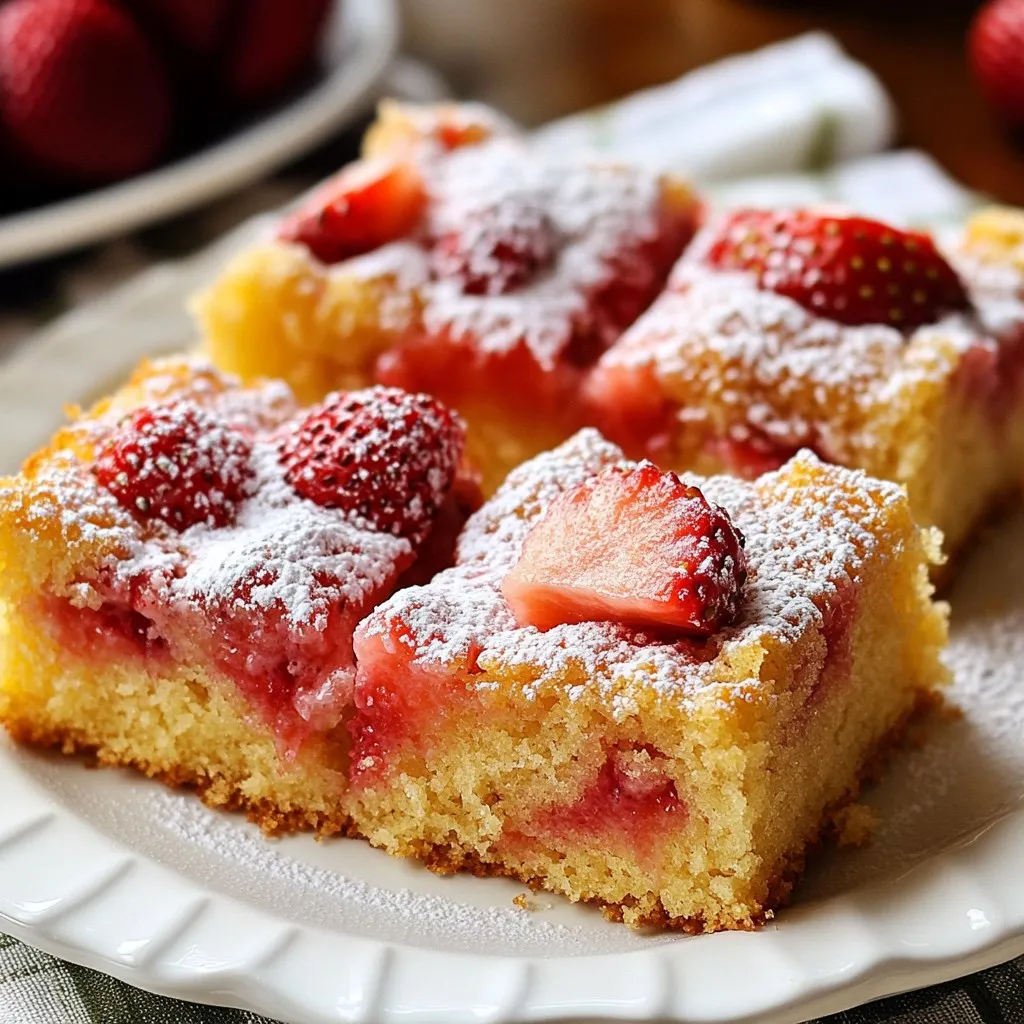 To make this delightful coffee cake, you will need: - 1 cup fresh strawberries, hulled and diced - 2 cups all-purpose flour - 1 cup granulated sugar - 1/2 cup unsalted butter, softened - 1 cup milk - 2 large eggs - 2 teaspoons baking powder - 1 teaspoon vanilla extract - 1/2 teaspoon salt - 1/4 teaspoon baking soda - 1/2 teaspoon ground cinnamon - Optional: Powdered sugar for dusting If you don’t have fresh strawberries, you can use frozen ones. Just thaw and drain them well before adding. If you need a dairy-free option, use almond or oat milk instead of regular milk. For the eggs, you can replace each with 1/4 cup applesauce or a flax egg (1 tablespoon flaxseed meal mixed with 2.5 tablespoons water). You can also swap all-purpose flour for a gluten-free blend if needed. You will need a few tools for this recipe: - 9x13-inch baking dish - Mixing bowls (medium and large) - Whisk - Electric mixer or wooden spoon - Rubber spatula - Measuring cups and spoons - Parchment paper (optional for easy cleanup) - Toothpick for testing the cake These items will help you create a tasty and fluffy strawberry coffee cake, perfect for any occasion! {{ingredient_image_1}} First, set your oven to 350°F (175°C). Take a 9x13-inch baking dish and grease it well. You can also line it with parchment paper for easy removal. This step helps the cake not stick. In a large mixing bowl, add the softened butter and granulated sugar. Use a mixer to beat them until they look light and fluffy. This mixing adds air, making the cake soft. Next, crack in the eggs one at a time. Blend well after each egg. Finally, pour in the vanilla extract and mix it all together. In another bowl, whisk together the flour, baking powder, baking soda, ground cinnamon, and salt. This mix adds structure to the cake. Now, slowly add the dry mix to the butter mixture. Do this in parts, adding milk in between. Start and end with the flour mix. Be careful not to overmix. Just blend until combined. Take the macerated strawberries and gently fold them into the batter. This step adds fruity flavor and moisture. Be gentle to keep the berries whole. You want to spread them evenly throughout the batter. Pour the batter into the prepared baking dish. Spread it out evenly with a spatula. Bake in the oven for 30-35 minutes. To check if it’s done, insert a toothpick in the center. If it comes out clean, the cake is ready. After baking, let the cake cool in the pan for about 10 minutes. Then, move it to a wire rack to cool completely. If you like, dust with powdered sugar before serving. To get a soft and fluffy coffee cake, use room-temperature ingredients. This means letting your butter and eggs sit out for about 30 minutes. Cream the butter and sugar well to add air. Mix your batter until just combined. Overmixing can make it tough. Macerating strawberries is easy and helps them release their juices. Start by hulled and dicing your strawberries. Then, mix them with one tablespoon of sugar. Let them sit for about 10-15 minutes. This makes them sweeter and juicier. You can add a splash of lemon juice for extra flavor. For a beautiful presentation, cut the cake into neat squares. Arrange them on a serving platter. Top each piece with a fresh strawberry. Dust with powdered sugar for a nice touch. Serve warm alongside your favorite coffee or tea for a delightful experience. Pro Tips Use Fresh Strawberries: Always opt for fresh strawberries for the best flavor and texture. Frozen berries may release excess moisture, affecting the cake's consistency. Don’t Overmix: When combining the wet and dry ingredients, mix until just combined. Overmixing can lead to a dense cake. Check for Doneness: Bake until a toothpick inserted in the center comes out clean. Every oven is different, so keep an eye on it towards the end of the baking time. Cool Before Serving: Allow the coffee cake to cool completely before dusting with powdered sugar to prevent it from melting and creating a mess. {{image_2}} You can make this coffee cake gluten-free. Use a gluten-free flour blend instead of all-purpose flour. Look for blends that contain xanthan gum. This gum helps your cake hold together well. Follow the same steps in the recipe. The cake will still be soft and tasty! Want to add some crunch? Try adding nuts like walnuts or pecans. Chop them up and fold them into the batter with the strawberries. You can also stir in chocolate chips for a sweet touch. Use about 1/2 cup of either option to keep the flavor balanced. Make your coffee cake even better with spices or extracts. You can add a pinch of nutmeg for warmth. Or, try using almond extract instead of vanilla. Just swap it one-for-one. These small changes can add big flavor to your cake. Experiment and find your favorite mix! To keep your strawberry coffee cake fresh, store it in an airtight container. Place it at room temperature for up to three days. If your kitchen is warm, choose the fridge. This will help it last longer. Just remember that cold storage may change the texture a bit. If you want to save some for later, freezing is a great option. First, let the cake cool completely. Wrap it tightly in plastic wrap. Then, put it in a freezer-safe bag or container. It can stay fresh for up to three months. When you're ready to eat it, just thaw it in the fridge overnight. To enjoy your coffee cake warm, reheating is key. You can use the oven or the microwave. For the oven, preheat to 350°F. Place the cake on a baking sheet and cover it with foil. Heat for about 10-15 minutes. If you use a microwave, warm a slice for about 20-30 seconds. Enjoy that fresh-baked taste again! Yes, you can use frozen strawberries. Just thaw them first. Drain any extra juice. This helps keep the batter from getting too wet. Frozen berries work well, but fresh ones taste best. Check the cake after about 30 minutes. Insert a toothpick in the center. If it comes out clean, the cake is done. If not, bake for a few more minutes. The top should look golden brown. Strawberry coffee cake pairs well with coffee or tea. You can also serve it with whipped cream. Fresh berries on the side add a nice touch. For a twist, try it with vanilla ice cream. Yes, you can make it dairy-free. Use a dairy-free butter substitute. Almond milk or soy milk can replace regular milk. These swaps will keep the cake moist and tasty. This guide has covered everything you need for Strawberry Coffee Cake. We discussed the necessary ingredients, helpful tips, and equipment for success. You now have step-by-step instructions for a perfect bake. Remember, you can make this treat your own with fun variations. Store leftovers properly for the best taste later. Enjoy baking and sharing this delightful cake! It’s a fun treat that everyone will love.