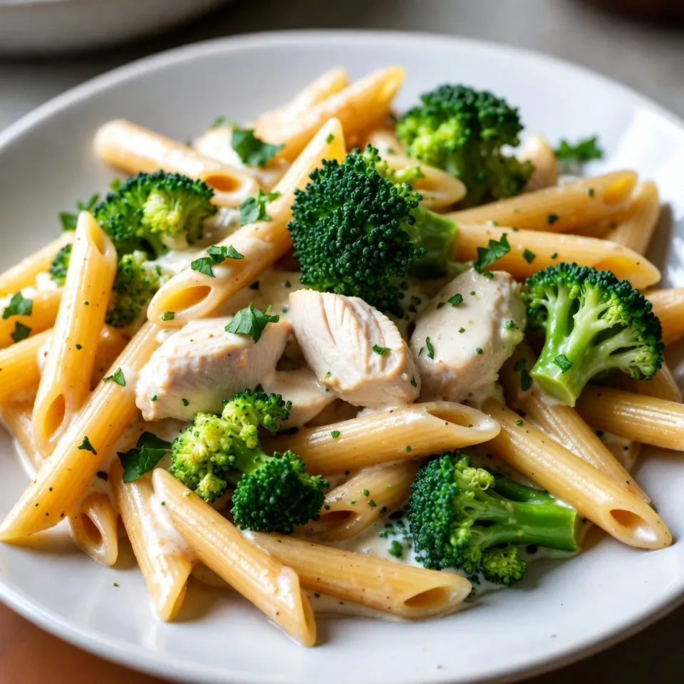 - 300g pasta (penne or fusilli) - 2 chicken breasts, diced - 2 cups broccoli florets - 1 cup heavy cream - 1 cup grated Parmesan cheese - 2 cloves garlic, minced - 2 tablespoons olive oil - Salt and pepper to taste - 1 teaspoon Italian seasoning - Fresh parsley for garnish For this dish, I use 300 grams of pasta. Penne or fusilli works well. You need two chicken breasts, diced into bite-sized pieces. For the green touch, two cups of broccoli florets are perfect. I use one cup of heavy cream for richness. Grated Parmesan cheese adds flavor, so use one cup. You also need two cloves of garlic, minced finely. Add two tablespoons of olive oil to sauté the chicken. Don’t forget salt and pepper to taste. A teaspoon of Italian seasoning gives a nice herb flavor. Finally, fresh parsley is great for garnish. You can customize this dish in many ways. Try adding different veggies like bell peppers or spinach for extra color and taste. If you like heat, add red pepper flakes. For a twist, swap heavy cream with Greek yogurt for a lighter option. You can also use chicken thighs instead of breasts for a juicier bite. If you want a cheesy kick, add more Parmesan or even mozzarella. These options let you make the dish your own! {{ingredient_image_1}} Start by bringing a large pot of salted water to a boil. Add 300g of pasta like penne or fusilli. Cook according to the package instructions until al dente. This usually takes about 8-10 minutes. Reserve ½ cup of pasta water to adjust the sauce later. Drain the pasta and set it aside. In a large skillet, heat 2 tablespoons of olive oil over medium heat. Add 2 diced chicken breasts, seasoned with salt, pepper, and 1 teaspoon of Italian seasoning. Cook for about 5-7 minutes until the chicken is browned and fully cooked. Once done, remove the chicken from the skillet and set it aside. In the same skillet, add 2 minced cloves of garlic. Sauté for about 1 minute until fragrant. Then, add 2 cups of broccoli florets with a splash of water. Cover the skillet and steam the broccoli for 3-4 minutes until tender. This keeps the broccoli bright and fresh. Reduce the heat to low. Stir in 1 cup of heavy cream and let it simmer gently for a couple of minutes. Slowly add in 1 cup of grated Parmesan cheese while stirring. This will create a rich and creamy sauce that is perfect for the pasta. Add the cooked pasta and the sautéed chicken back into the skillet. Toss everything together so that the pasta is well coated with the creamy sauce. If the sauce is too thick, add a bit of the reserved pasta water until you reach your desired consistency. Taste the dish and adjust the seasoning with salt and pepper if needed. Serve hot, garnished with fresh parsley and extra Parmesan cheese if you like. This adds a nice touch and makes the dish look great on the plate. Enjoy your meal! Cook pasta in plenty of salted water. This helps flavor the pasta. Follow the package instructions for cooking time. Aim for al dente, which means firm to the bite. Reserve half a cup of pasta water before draining. This water helps adjust the sauce later. Use fresh chicken breasts for the best taste. Cut them into even-sized pieces for quick cooking. Season well with salt, pepper, and Italian seasoning. This adds depth to the dish. Cook until they turn golden brown, about 5-7 minutes. This browning adds flavor and texture. Use heavy cream for a rich, smooth sauce. Heat it gently in the skillet to avoid boiling. Slowly stir in grated Parmesan cheese. This helps the cheese melt evenly into the cream. If the sauce is too thick, add the reserved pasta water. This helps you reach the right consistency. Use fresh broccoli florets for the best crunch. Steam them in the skillet with a splash of water. Covering the skillet helps cook them evenly. Aim for about 3-4 minutes until they are bright green and tender. This keeps the broccoli crisp and vibrant in the dish. Pro Tips Use Fresh Ingredients: Fresh broccoli and high-quality chicken will enhance the flavors of your dish, making it more vibrant and delicious. Don't Overcook the Broccoli: Steaming the broccoli just until tender keeps it bright green and retains its nutrients. Aim for a slight crunch for the best texture. Save the Pasta Water: The reserved pasta water is starchy and can help adjust the sauce's consistency while adding flavor, so don't forget to save it! Experiment with Cheese: While Parmesan is classic, try adding a mix of cheeses like mozzarella or gouda for a unique twist on the creaminess of the sauce. {{image_2}} You can easily make a vegetarian version of Chicken Broccoli Pasta. Just skip the chicken and use more broccoli or other veggies. You can add mushrooms, bell peppers, or even spinach for color and flavor. Swap out the chicken with tofu for protein. It gives you a great taste while keeping things healthy. For gluten-free lovers, you can use gluten-free pasta. There are many types available, like rice or chickpea pasta. The cooking time may vary, so check the package. This way, everyone can enjoy the dish without worry. The sauce stays creamy and delicious, just like the original. Don't stop at broccoli! You can add many other vegetables to your dish. Carrots, peas, or zucchini can give nice color and taste. Add them when you cook the broccoli so they all become tender. Mixing veggies adds nutrition and makes your meal more exciting. If you love heat, add some red pepper flakes to the sauce. Start with a little and taste as you go. For cheese lovers, add more Parmesan or even mozzarella. You can mix in some cream cheese for extra richness. Both options will give your dish a fun twist. To keep your chicken broccoli pasta fresh, store it in an airtight container. Make sure it cools down to room temperature before sealing. This helps avoid condensation, which can make the pasta soggy. Place the container in the refrigerator and enjoy the meal within three to four days. When you're ready to eat the leftovers, reheat them gently. You can use the microwave or a skillet. If using the microwave, place your portion in a bowl and cover it with a damp paper towel. Heat for 1-2 minutes, stirring halfway through. For the skillet, add a splash of water to prevent sticking and heat on low until warm. If you want to save some for later, freezing is a great option. Allow the pasta to cool completely, then place it in a freezer-safe container. Leave some space at the top for expansion. Seal the container tightly and label it with the date. You can freeze it for up to three months. When ready to eat, thaw overnight in the fridge and reheat as described above. Chicken Broccoli Pasta lasts about 3 to 5 days in the fridge. To keep it fresh, store it in an airtight container. This way, it stays tasty and safe to eat. Yes, you can use frozen broccoli in this recipe. Just thaw it first and drain any extra water. Frozen broccoli cooks faster, so adjust your cooking time slightly. You can use whole milk or half-and-half as a substitute for heavy cream. If you want a lighter option, try Greek yogurt or a plant-based cream. Yes, you can make Chicken Broccoli Pasta ahead of time. Cook and combine all the ingredients, then store it in the fridge. Reheat on the stove or in the microwave before serving. The chicken is fully cooked when it reaches an internal temperature of 165°F (75°C). You can also check that it's no longer pink inside and the juices run clear. This blog post covers all the steps to make delicious Chicken Broccoli Pasta. We discussed the needed ingredients and how to measure them. I shared detailed cooking steps, along with tips for perfect pasta and flavorful chicken. You can also explore tasty variations and proper storage methods for leftovers. In conclusion, with these guidelines, you can create a meal everyone will love. Enjoy cooking and customizing this recipe to fit your taste!
