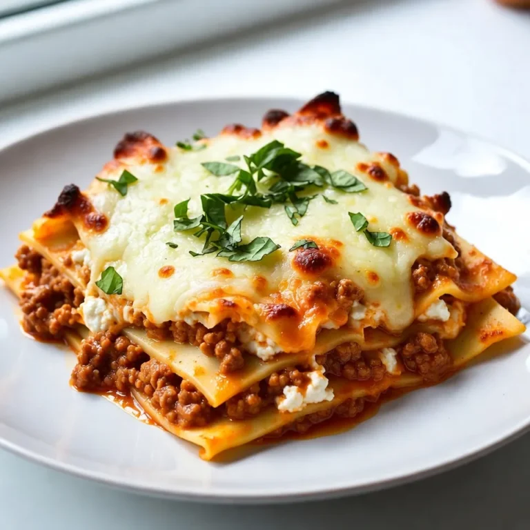 - 12 lasagna noodles - 2 cups ricotta cheese - 2 cups mozzarella cheese, shredded - 1 cup Parmesan cheese, grated - 2 cups marinara sauce (homemade or store-bought) - 1 lb ground beef (or turkey) - 1 medium onion, diced - 2 cloves garlic, minced - 1 egg - 2 tablespoons fresh basil, chopped (or 1 tablespoon dried basil) - 1 tablespoon olive oil - Salt and pepper to taste When you gather your ingredients, make sure they are fresh. You can swap ground beef with turkey for a lighter dish. If you want a vegetarian option, skip the meat and use more veggies, like spinach or mushrooms. Instead of fresh basil, dried works, but you will need less. The ricotta cheese adds creaminess, but cottage cheese can also work. If you can't find Parmesan, use Pecorino Romano for a sharp flavor. Quality makes a big difference. Look for ricotta that is creamy and fresh. Check mozzarella; it should be soft, not rubbery. For marinara sauce, choose one with simple, natural ingredients. Fresh herbs bring out the best flavors, so always pick vibrant leaves. When buying meat, look for lean cuts without too much fat. Always trust your nose; fresh ingredients smell great! {{ingredient_image_1}} First, we need to preheat the oven. Set it to 375°F (190°C). This high heat will help bake our lasagna perfectly. Next, grab a large pot. Fill it with water and add a pinch of salt. Bring it to a boil. Once the water is boiling, add the lasagna noodles. Cook them until they are just al dente. This usually takes about 8 to 10 minutes. After that, drain the noodles and set them aside. Now, let’s make the meat sauce. Heat a skillet over medium heat and add olive oil. Once hot, toss in the diced onion and minced garlic. Cook them for about 3 minutes until they smell great. Next, add the ground beef. Break it up as it cooks until it's browned. Season it with salt and pepper. After that, pour in the marinara sauce. Let this mixture simmer for about 5 minutes. This brings all the flavors together. In a mixing bowl, combine ricotta cheese, 1 cup of mozzarella, and ½ cup of Parmesan. Add the egg and fresh basil to the bowl. Mix everything until it's smooth and creamy. This mixture adds a rich layer to our lasagna. Now we assemble! Grab a 9x13-inch baking dish and spread a thin layer of meat sauce on the bottom. Place 3 lasagna noodles over this sauce. Next, spread half of the ricotta mixture on the noodles. Then, add a third of the meat sauce on top. Repeat this step: noodles, ricotta, and meat sauce. Finish with another layer of noodles, the remaining meat sauce, and top with the rest of the mozzarella and Parmesan. Cover your baking dish with foil. To keep it from sticking, spray the foil lightly with cooking spray. Bake the lasagna in the oven for 25 minutes. After that, remove the foil and bake for another 15 minutes. This step makes the cheese bubbly and golden brown. When done, let the lasagna cool for 10 to 15 minutes. This helps the layers set. Then, slice and serve! Enjoy your delicious creation! To make the best lasagna, follow these tips: - Use fresh noodles: Fresh lasagna noodles cook faster than dried ones. - Don’t overcook noodles: Cook them just enough to be al dente. They will finish cooking in the oven. - Layer wisely: Start with sauce on the bottom to prevent sticking. Alternate layers for even cooking. - Use quality cheese: Fresh ricotta and mozzarella enhance flavor. Avoid low-fat options for better taste. Serving your lasagna well makes it even more appealing. Here are some ideas: - Garnish wisely: Add fresh basil leaves and a sprinkle of Parmesan on top before serving. - Serve slices neatly: Use a sharp knife to cut clean slices. This helps keep layers intact. - Use colorful plates: Bright plates make the dish pop. It adds to the visual appeal. Some common mistakes can ruin your lasagna. Here’s how to avoid them: - Don’t skip resting time: Let the lasagna sit for 10-15 minutes after baking. This helps the layers set and slice easier. - Watch the baking time: Keep an eye on the cheese. You want it bubbly and golden, not burned. - Season well: Add salt and pepper to the meat sauce. This enhances the overall flavor of the dish. Pro Tips Use Fresh Ingredients: Always opt for fresh herbs and high-quality cheese to enhance the flavor of your lasagna. Let it Rest: Allow the lasagna to rest for at least 10-15 minutes after baking. This helps the layers set, making it easier to slice. Experiment with Add-ins: Feel free to add vegetables like spinach, zucchini, or mushrooms to the layers for extra nutrition and flavor. Layer Creatively: Don't be afraid to mix up the layers. Alternate between ricotta and meat sauce for a unique texture and taste. {{image_2}} You can easily make a vegetarian version of this dish. Instead of ground beef, use a mix of vegetables like mushrooms, zucchini, and spinach. Sauté them in olive oil with the onion and garlic. This adds flavor and keeps it hearty. You can also add more ricotta cheese for creaminess. This version is just as tasty! If you want to switch up the protein, you have options! Ground turkey or chicken works well and is leaner. For a different flavor, try Italian sausage. For a fun twist, you can even use shredded rotisserie chicken. Each choice brings a new taste to your lasagna. Cheese plays a big role in flavor. You can mix different cheeses for a unique taste. Try using goat cheese or feta for a tangy kick. You can also add more varieties of mozzarella or even provolone. Mixing cheeses can elevate your lasagna and make it even more delicious! After enjoying your ricotta meat sauce lasagna, store leftovers in an airtight container. This helps keep it fresh. Place the lasagna in the fridge within two hours of cooking. It will stay good for up to four days. Layering the lasagna with parchment paper can prevent sticking. If you want to save some for later, freezing works well. Cut the lasagna into portions for easy meals. Wrap each piece tightly in plastic wrap, then place them in a freezer-safe bag. This keeps out air and frost. You can freeze the lasagna for up to three months. Just remember to label the bag with the date. To reheat, remove the lasagna from the fridge or freezer. If frozen, let it thaw overnight in the fridge. Preheat your oven to 350°F (175°C). Place the lasagna in a baking dish, cover with foil, and heat for about 25 minutes. This keeps the cheese from burning. For a nice finish, uncover it for the last five minutes to get that golden brown top. Enjoy your warm, cheesy meal! Yes, you can make lasagna ahead of time. Prepare the layers and assemble it in a baking dish. Cover it tightly with foil and store it in the fridge for up to two days. You can also freeze it for longer storage. Just thaw it overnight in the fridge before baking. This saves time and makes weeknight dinners easy. The best way to reheat lasagna is in the oven. Preheat your oven to 350°F (175°C). Place the lasagna in an oven-safe dish. Cover it with foil to keep it moist. Heat for about 20-25 minutes or until it's warm throughout. You can also reheat slices in the microwave for quicker meals. Just cover with a damp paper towel to prevent drying out. Making homemade marinara sauce is simple. Here’s a quick recipe: - Ingredients: - 2 tablespoons olive oil - 1 medium onion, chopped - 3 cloves garlic, minced - 1 can (28 oz) crushed tomatoes - 1 teaspoon dried oregano - Salt and pepper to taste - Instructions: 1. Heat olive oil in a pot over medium heat. 2. Add chopped onion and cook until soft. 3. Stir in minced garlic and cook for 1 minute. 4. Add crushed tomatoes and oregano. 5. Season with salt and pepper. 6. Simmer for 20 minutes, stirring occasionally. This sauce is fresh and flavorful. It’s perfect for your lasagna or any pasta dish! This blog post covered all you need for great lasagna. We explored the best ingredients, step-by-step cooking, and handy tips. You learned how to avoid common mistakes and tried new variations like vegetarian options. Storing and reheating tips help keep your lasagna fresh. Remember, practice leads to the perfect dish. So, gather your ingredients, follow the steps, and enjoy making lasagna your way. Happy cooking!