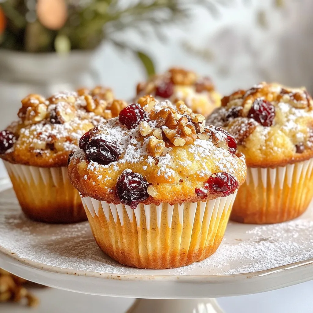 - 2 cups all-purpose flour - 1 cup brown sugar - 1/2 cup unsalted butter, melted - 1 cup whole milk - 2 large eggs - 1 teaspoon baking powder - 1/2 teaspoon baking soda - 1 teaspoon ground cinnamon - 1 teaspoon ground nutmeg - 1/2 teaspoon ground ginger - 1/2 cup dried cranberries - 1/2 cup chopped walnuts - 1/2 cup dark chocolate chips - 1 teaspoon vanilla extract - Pinch of salt In this recipe, I focus on using simple, fresh ingredients. The all-purpose flour provides a light base. Brown sugar gives a rich sweetness. Melted butter adds moisture. Whole milk makes the muffins tender. I love using eggs for binding. Baking powder and baking soda help the muffins rise. Cinnamon, nutmeg, and ginger give warmth and spice. Dried cranberries add tartness, while walnuts add crunch. Dark chocolate chips bring a delightful sweetness. Finally, vanilla extract enhances all the flavors. - You can swap brown sugar for coconut sugar for a lighter taste. - Try adding chopped pecans or almonds for a different nut flavor. - For a festive touch, top muffins with icing or sprinkles. - Dust with powdered sugar for a snowy effect. These options let you customize your muffins. Make them your own while keeping that holiday spirit alive! {{ingredient_image_1}} 1. Preheat your oven to 350°F (180°C). Line a muffin tin with paper liners or grease it well. 2. In a large bowl, mix together the flour, brown sugar, baking powder, baking soda, cinnamon, nutmeg, ginger, and a pinch of salt. Use a whisk to blend them well. 3. In a separate bowl, whisk the melted butter, milk, eggs, and vanilla extract until smooth and combined. 4. Pour the wet mixture into the dry mixture. Stir gently until just combined. Stop mixing when you see a few lumps; it’s okay! 5. Now, fold in the dried cranberries, chopped walnuts, and dark chocolate chips. Make sure they are evenly mixed throughout the batter. 6. Spoon the batter into the muffin tin. Fill each cup about 3/4 full to allow room for rising. 7. Bake for 18-20 minutes. To check for doneness, insert a toothpick into the center of a muffin. It should come out clean. 8. Once done, take the muffins out of the oven. Let them cool in the tin for 5 minutes, then transfer them to a wire rack to cool completely. These steps will help you create the perfect batch of Nigella Christmas Muffins! Enjoy the festive flavors and the cozy smell filling your kitchen. - Ensuring the right oven temperature: Set your oven to 350°F (180°C). This heat helps the muffins rise evenly. Use an oven thermometer for accuracy. - How to avoid overmixing the batter: Mix wet and dry ingredients gently. Some lumps are okay. Overmixing can lead to tough muffins. - Creative ways to present muffins for holiday gatherings: Place muffins on a colorful platter. Dust them with powdered sugar for a snowy look. Add festive cupcake liners for extra cheer. - Suggestions for serving with drinks: Pair these muffins with hot cocoa or spiced cider. They also go well with coffee or tea for a cozy feel. - Best practices for storing muffins: Keep muffins in an airtight container at room temperature. This helps them stay soft and fresh. - How to keep muffins fresh longer: You can freeze muffins for later. Wrap them tightly in plastic wrap and place them in a freezer bag. Thaw at room temperature when ready to eat. Pro Tips Use Room Temperature Ingredients: Make sure your eggs and milk are at room temperature for a smoother batter and better texture in your muffins. Don't Overmix: Gently fold the wet and dry ingredients together to keep the muffins tender. Overmixing can lead to tough muffins. Customize Your Mix-Ins: Feel free to swap out cranberries and walnuts for your favorite dried fruits or nuts, like raisins or pecans, to make these muffins your own. Store Properly: Keep leftover muffins in an airtight container at room temperature for up to 3 days or freeze them for longer storage. {{image_2}} You can switch up the spices in Nigella Christmas Muffins for fun twists. Try adding cardamom or cloves for a unique taste. If you want something sweeter, use white chocolate chips instead of dark. You can also mix in dried fruits like apricots or figs for extra flavor. Nuts can be swapped, too. Use pecans or almonds instead of walnuts. This will change the texture but keep the muffins delightful. If you need gluten-free options, use almond or coconut flour. These flours make the muffins soft and tasty. For a dairy-free version, replace the milk with almond or oat milk. You can also use coconut oil instead of butter for a dairy-free treat. For vegan muffins, use flax eggs. Mix one tablespoon of flaxseed meal with three tablespoons of water and let it sit for five minutes. Think about seasonal fruits to add a festive touch. Chopped apples or pears work well in fall. In summer, blueberries or raspberries can add a burst of flavor. You can also adjust the spices to match the season. For Halloween, add pumpkin spice, and for spring, try lemon zest. Customize the muffins for different holidays by adding themed decorations or sprinkles. This makes each batch unique and special. To store your Nigella Christmas Muffins at room temperature, place them in an airtight container. This keeps them fresh for about three days. If you want to keep them longer, freezing is a great option. Wrap each muffin in plastic wrap and place them in a freezer bag. They can stay good for up to three months. The best way to reheat muffins is in the oven. Preheat your oven to 350°F (175°C). Place the muffins on a baking sheet for about 10 minutes. This method keeps them warm and helps maintain their texture. You can also use the microwave, but heat them for only 10 to 15 seconds. This way, they won’t get too soft or chewy. How long can I store Nigella Christmas Muffins? You can store these muffins for up to five days. Keep them in an airtight container at room temperature. This keeps them fresh and tasty. Can I freeze these muffins, and how do I do it? Yes, you can freeze them! Let the muffins cool completely first. Then, wrap each muffin in plastic wrap. Place the wrapped muffins in a freezer bag. They can last up to three months in the freezer. What can I substitute for brown sugar? You can use white sugar instead. For a closer taste, add a tablespoon of molasses to white sugar. This gives a similar flavor to brown sugar. Can I make these muffins without eggs? Yes! You can use a flaxseed meal as a substitute. Mix one tablespoon of flaxseed meal with two tablespoons of water. Let it sit for five minutes to thicken. This works well in muffin recipes. How can I customize the spice blend? Feel free to mix your favorite spices. You can add allspice, cloves, or even cardamom. Adjust the amounts to match your taste. Experimenting can lead to fun flavors! What drinks pair well with Christmas muffins? Warm drinks are best! Try serving with hot cocoa, spiced cider, or a nice cup of tea. These drinks complement the flavors in the muffins. How should I serve these muffins for a holiday brunch? Arrange the muffins on a pretty platter. Dust them with powdered sugar for a festive touch. Add some fresh fruit or whipped cream on the side for extra fun! In this blog post, we explored how to make delicious Christmas muffins. We covered key ingredients, step-by-step baking instructions, and helpful tips for perfect muffins. You learned about fun variations and storage methods too. Remember, muffins are versatile treats you can customize. Use different spices, nuts, or fruits to match your taste. With these skills, you can impress friends and family. Enjoy baking, and share these muffins for a festive touch!